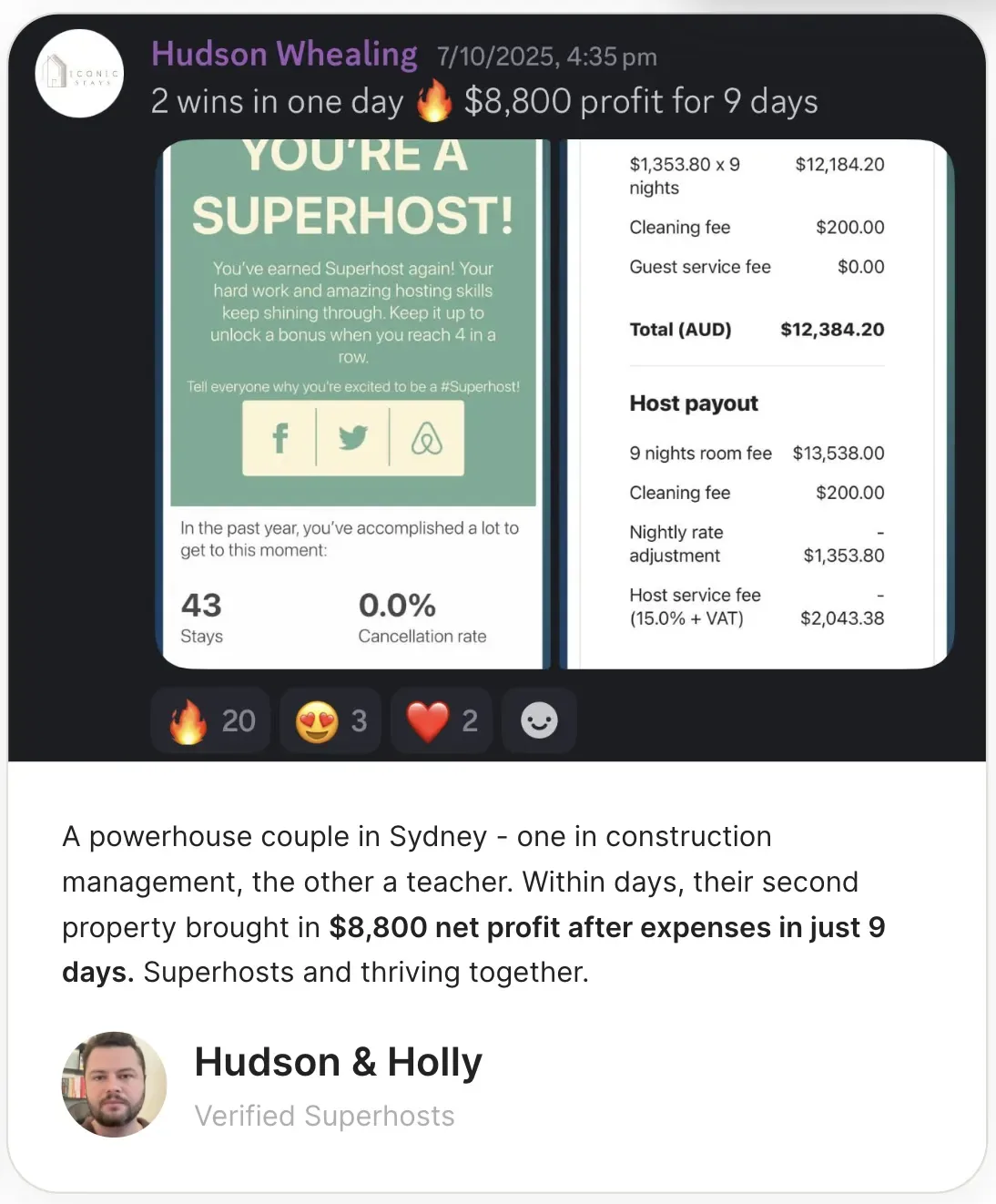 Hudson & Holly — Sydney couple, $8,800 net profit in 9 days