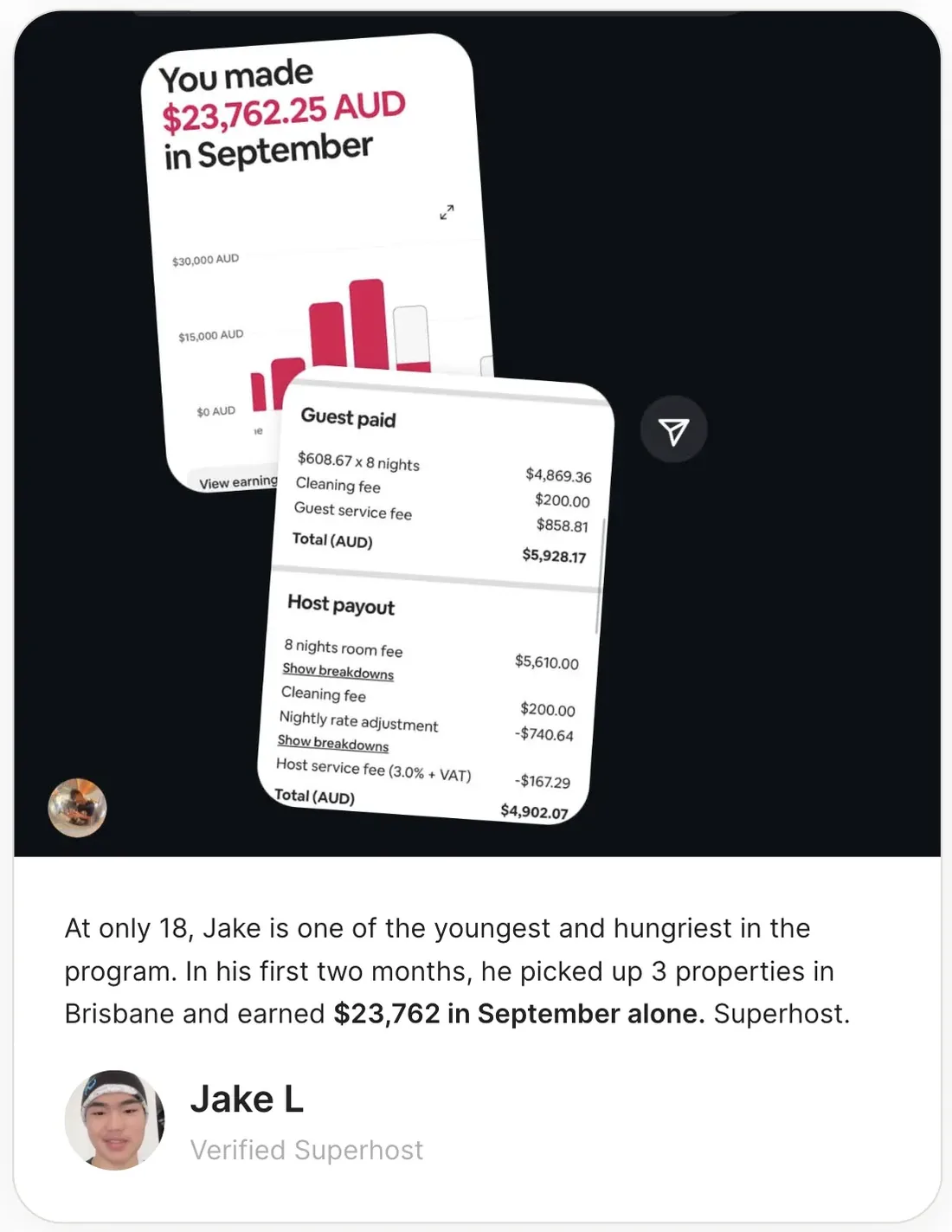 Jake L — 18-year-old Brisbane Superhost, $23,762 in September across 3 properties