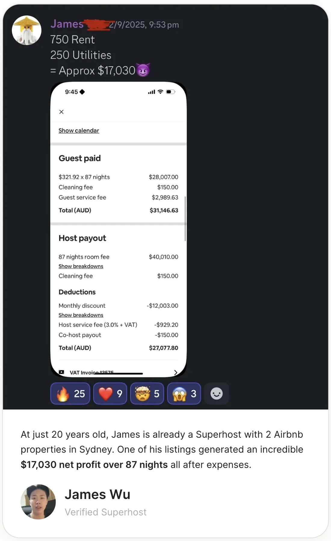 James Wu — 20-year-old Sydney Superhost, $17,030 net profit over 87 nights