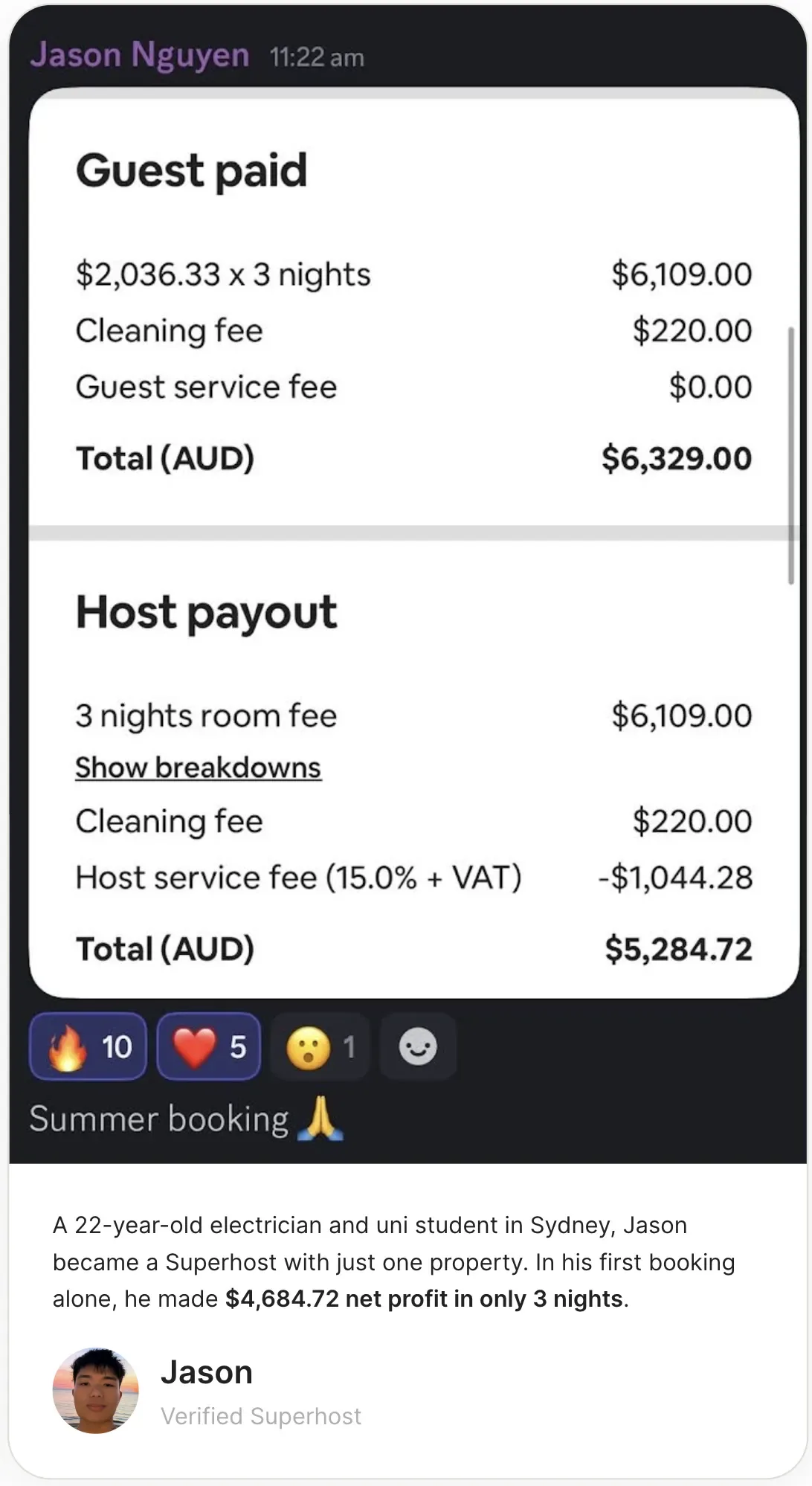 Jason — 22-year-old Sydney electrician, $4,684 net profit in 3 nights