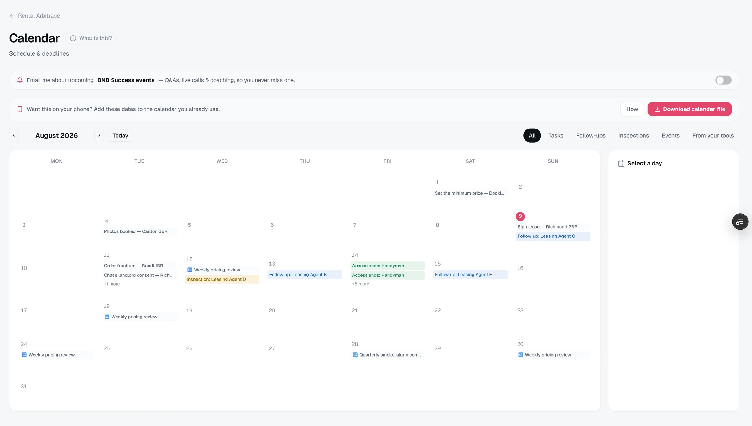 The Calendar for August 2026 with tasks, agent follow-ups and inspections on their dates.