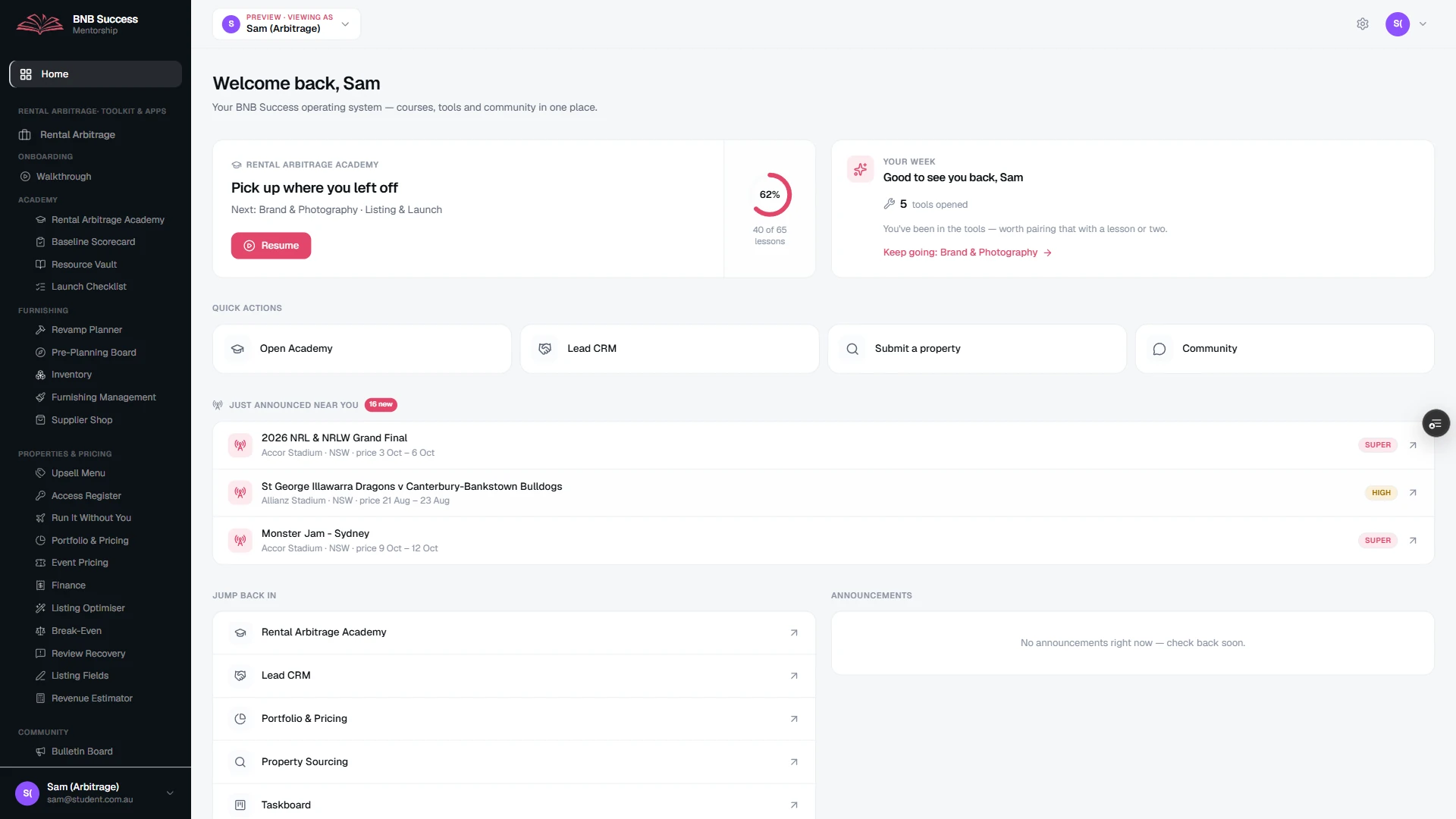 The app home screen with the sidebar of tools, a course progress ring, quick actions and upcoming events.
