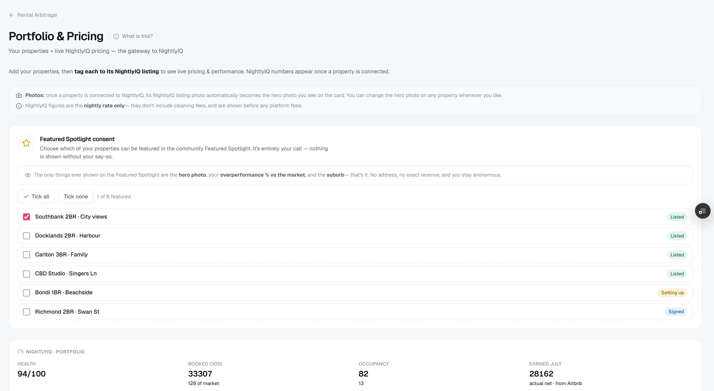 The Portfolio and Pricing screen listing six demonstration properties with their listing status.